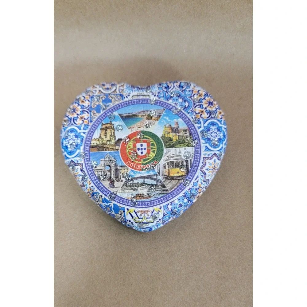 Portugal Souvenir Heart Compact Mirror Azulejo Tile Design Rhinestone Accents